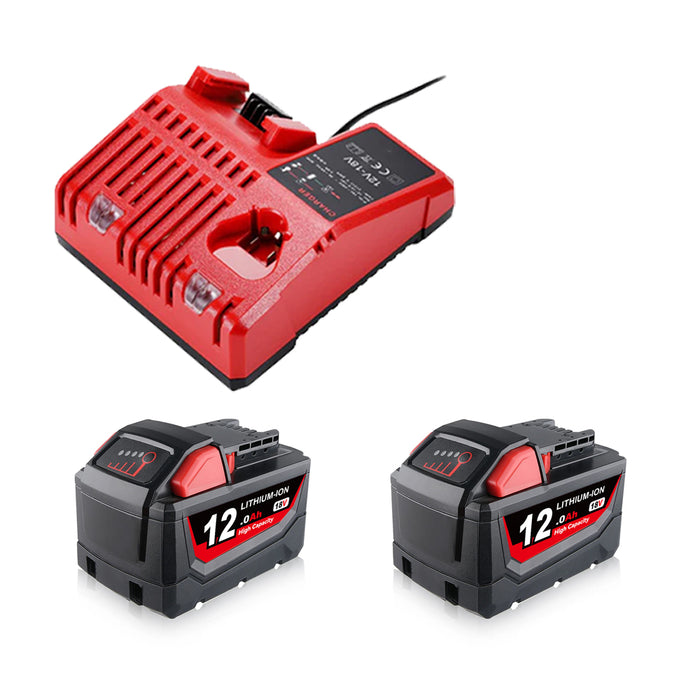 For Milwaukee 18V XC Lithium Battery 12.0Ah 2 Packs With Rapid Charger For Milwaukee M18 & M12 Battery