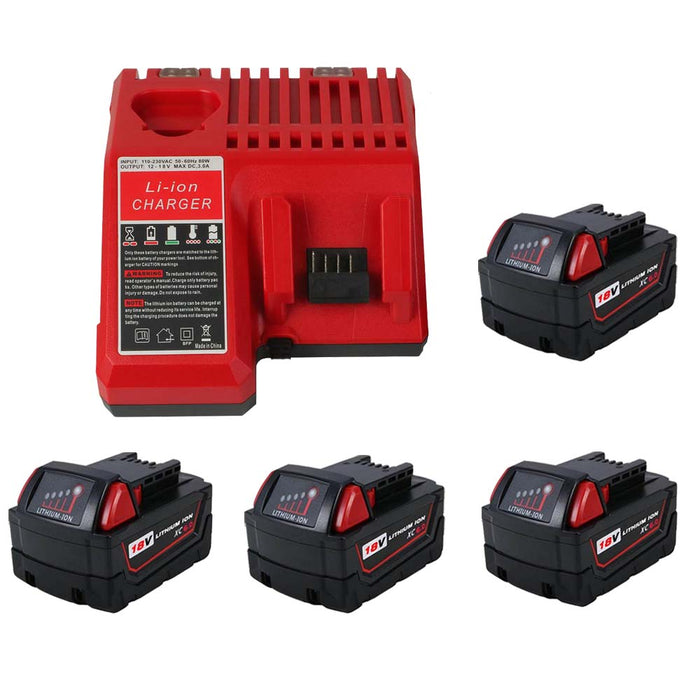 4 Pack For Milwaukee 18V 6Ah Battery Replacement & For Milwaukee Replacement Battery Charger | M 12-18C 12V-18V Lithium Battery Charger