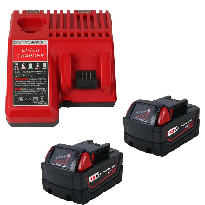 2 Pack For Milwaukee 18V 6Ah Battery Replacement & For Milwaukee Replacement Battery Charger | M 12-18C 12V-18V Lithium Battery Charger