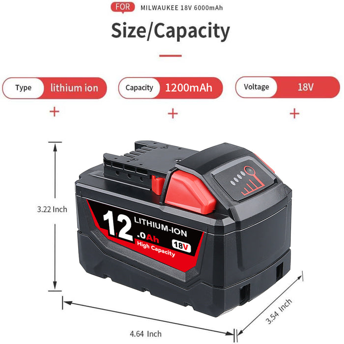For Milwaukee 18V Battery 12Ah Replacemnt | M18 Batteries 2 Pack