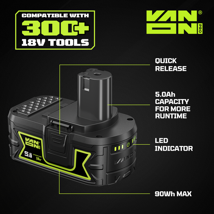 VANON PRO For For Ryobi 18V P108 Battery 5Ah Replacement
