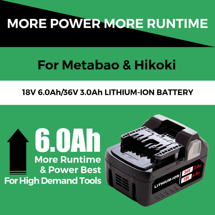 X4 18V/36V 6.0Ah Lithium-ion Replacement Battery for Metabo HPT（Hitachi）MultiVolt Battery / 371751M 372121M BSL36A18 BSL36B18