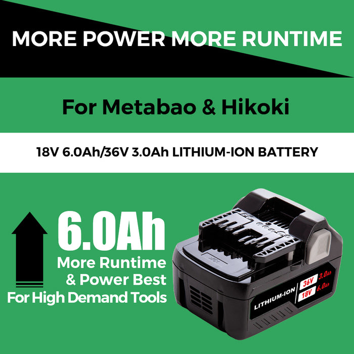 18V/36V 6.0Ah Lithium-ion Replacement Battery for Metabo HPT（Hitachi） MultiVolt Battery / 371751M 372121M BSL36A18 BSL36B18